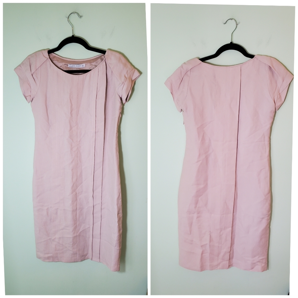 Zara Woman Neutral Nude Pink Linen Blend Dress Size Small Retro Preppy Office